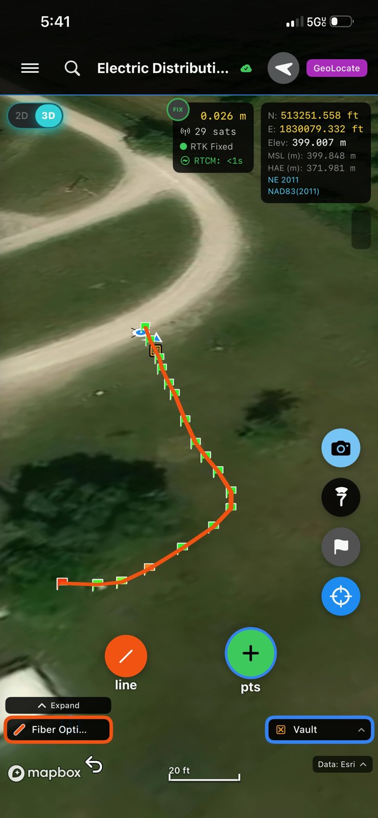 LocateIQ on a phone: a fiber line located flag by flag along a path, RTK fixed