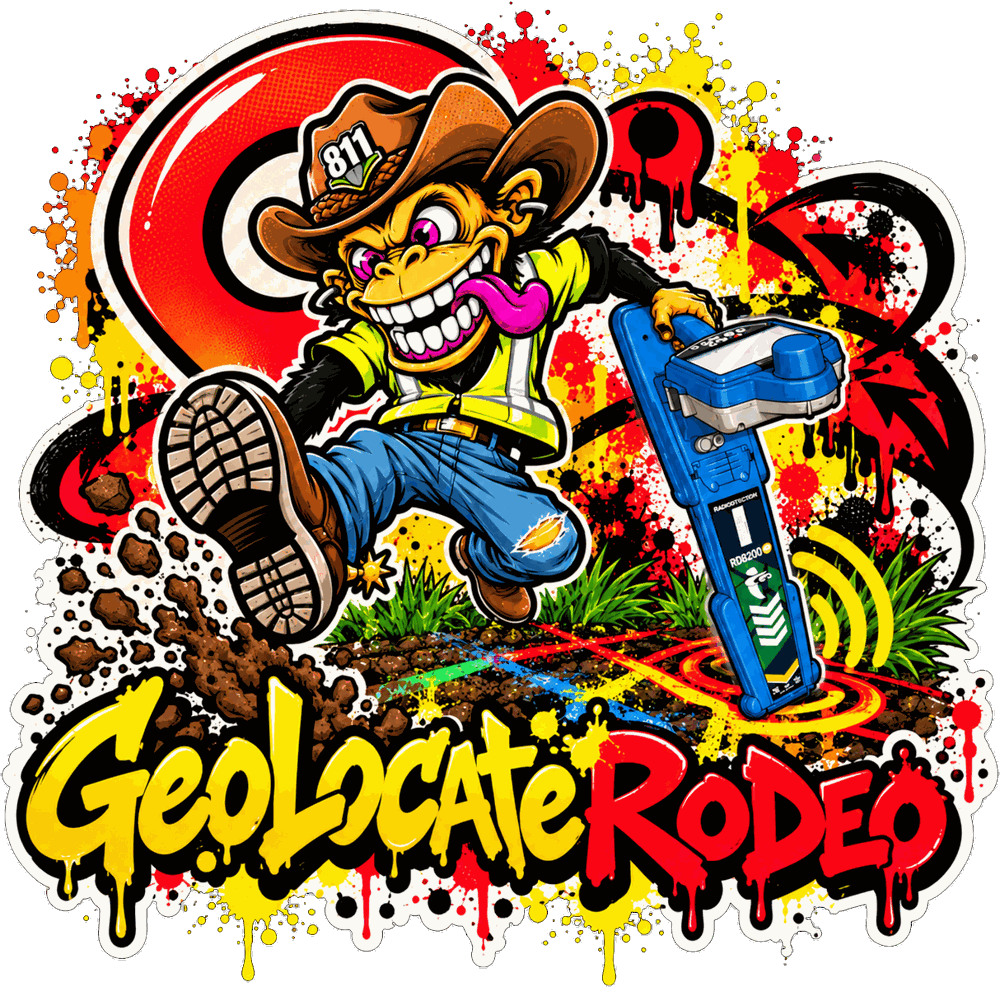 GeoLocate Rodeo mascot: a grinning monkey in a cowboy hat and safety vest, leaping with a locator