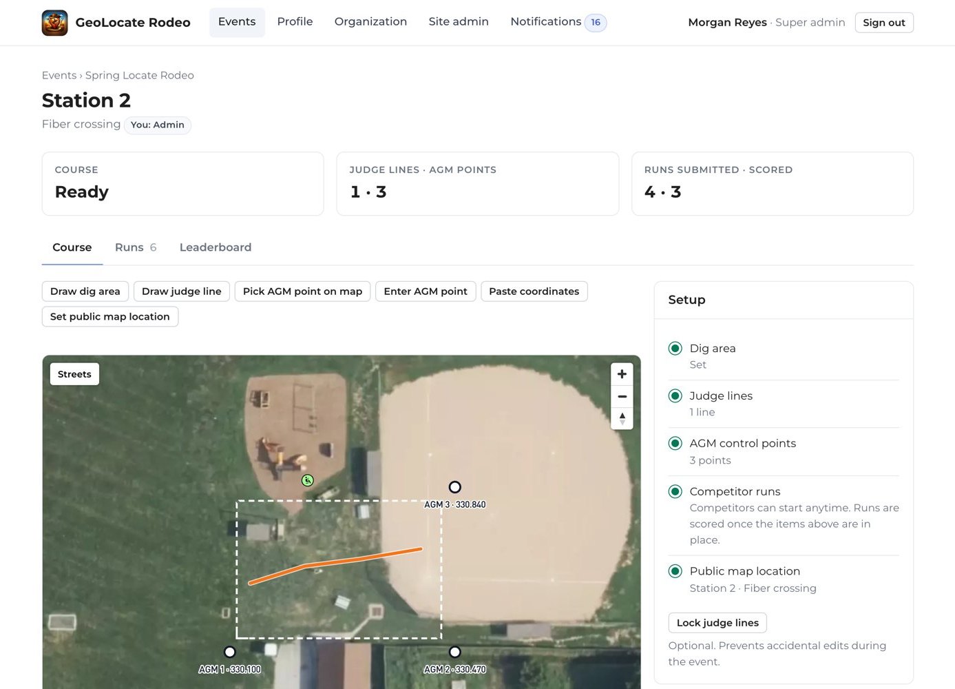 Rodeo course setup: dig area, judge line, and AGM control points on satellite imagery with a setup checklist