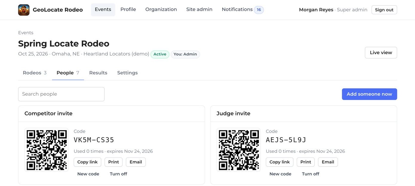 Event people page with a QR code and invite code for competitors and another for judges