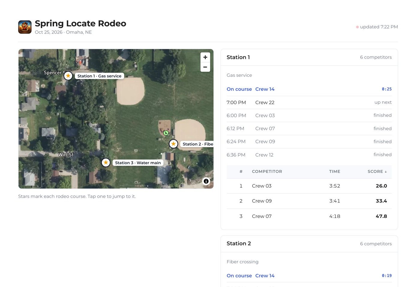 Public event page: rodeo locations as stars on a satellite map, who is on course, the run schedule, and results